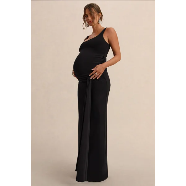 Felise | Robe longue de maternité noire à encolure arrondie avec détails froncés