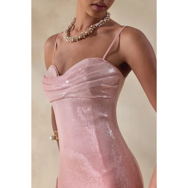 Feloria | Robe longue corail ombré à sequins à encolure drapée