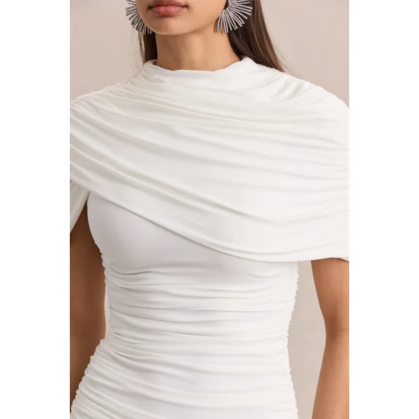 Fenella | Mini-robe blanche à col haut avec manches cape et détails froncés