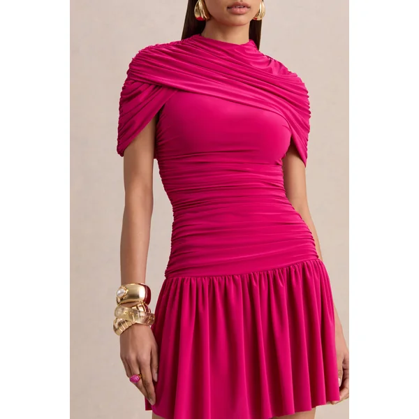 Fenella | Mini-robe rose vif à col haut avec manches cape et détails froncés