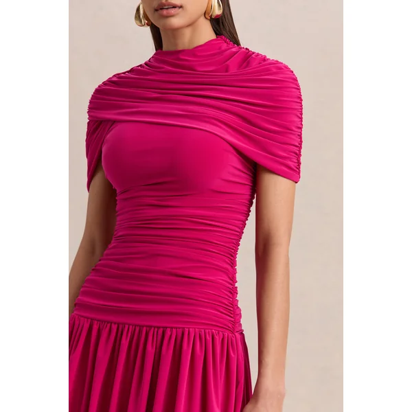 Fenella | Mini-robe rose vif à col haut avec manches cape et détails froncés