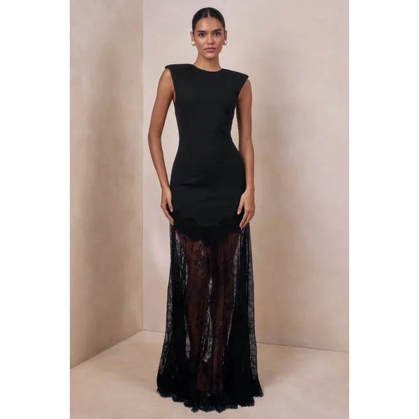 Fianna | Robe longue noire à encolure ronde avec jupe en dentelle