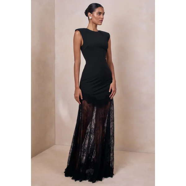 Fianna | Robe longue noire à encolure ronde avec jupe en dentelle
