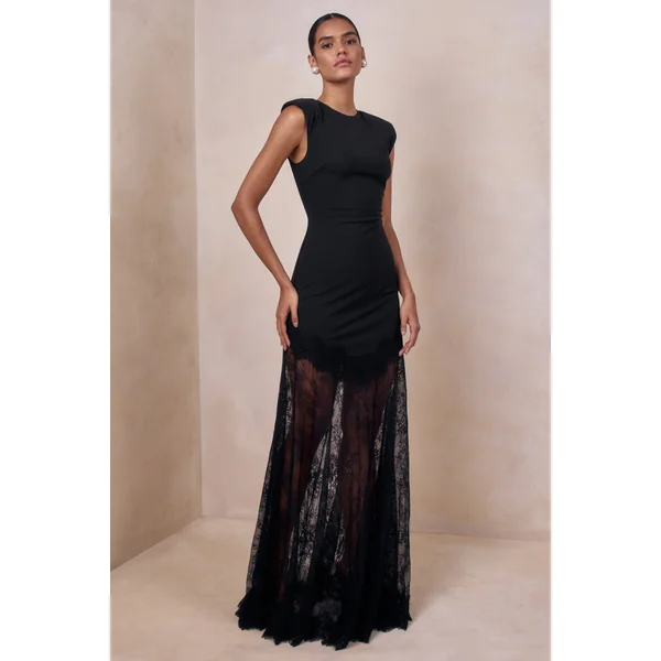 Fianna | Robe longue noire à encolure ronde avec jupe en dentelle