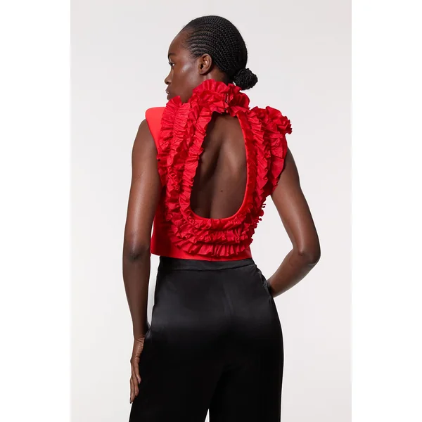 Figure Form Bandage Knit Woven Rosette Detail Top