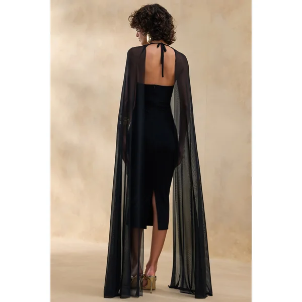 Filippa | Robe mi-longue noire à encolure ras-du-cou avec manches cape transparentes