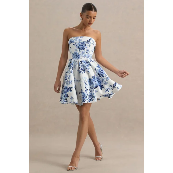 Fiorenza | Mini-Robe Bandeau à Imprimé Porcelaine Bleue avec Jupe Volumineuse