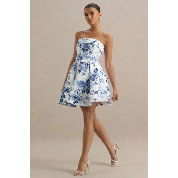 Fiorenza | Mini-Robe Bandeau à Imprimé Porcelaine Bleue avec Jupe Volumineuse