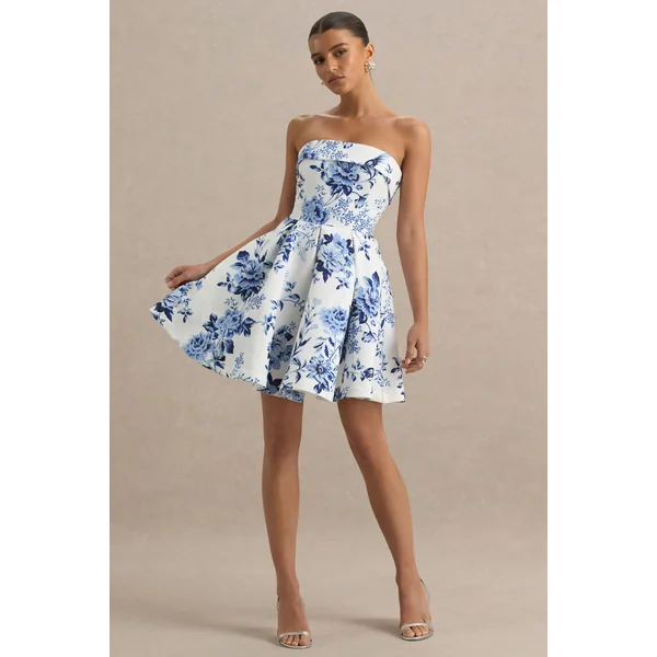 Fiorenza | Mini-Robe Bandeau à Imprimé Porcelaine Bleue avec Jupe Volumineuse