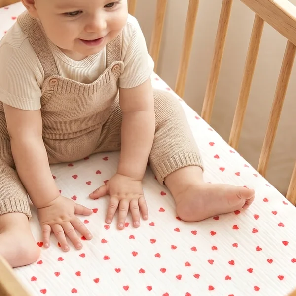 Fitted crib sheet in cotton double gauze, Lovio