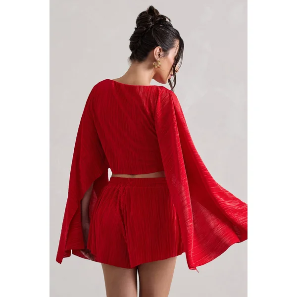 Flare | Crop top à manches cape en plissé rouge