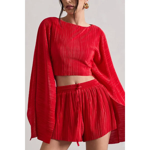 Flare | Crop top à manches cape en plissé rouge