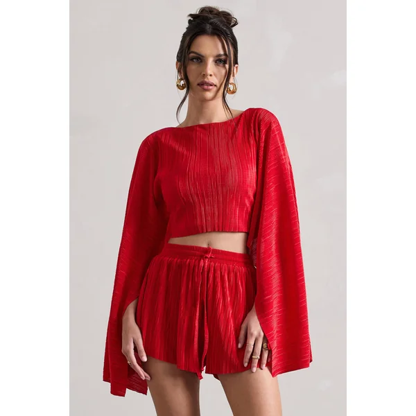 Flare | Crop top à manches cape en plissé rouge