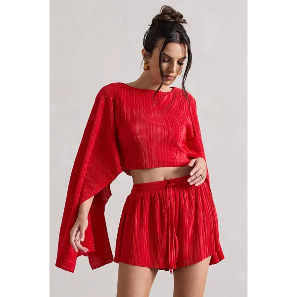 Flare | Crop top à manches cape en plissé rouge