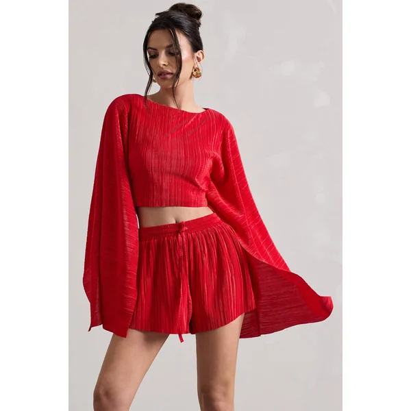 Flare | Crop top à manches cape en plissé rouge
