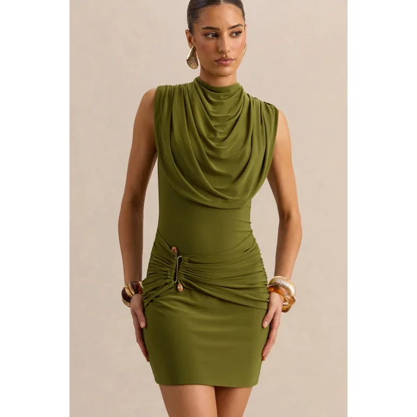 Flarissa | Mini-robe verte à encolure ronde avec détail doré et drapé