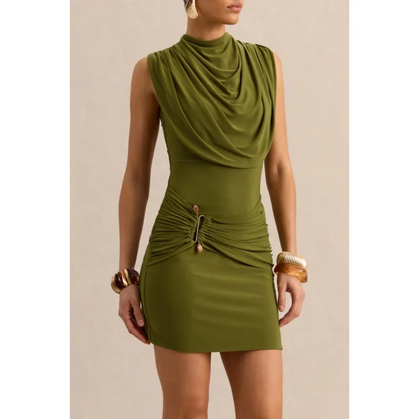 Flarissa | Mini-robe verte à encolure ronde avec détail doré et drapé