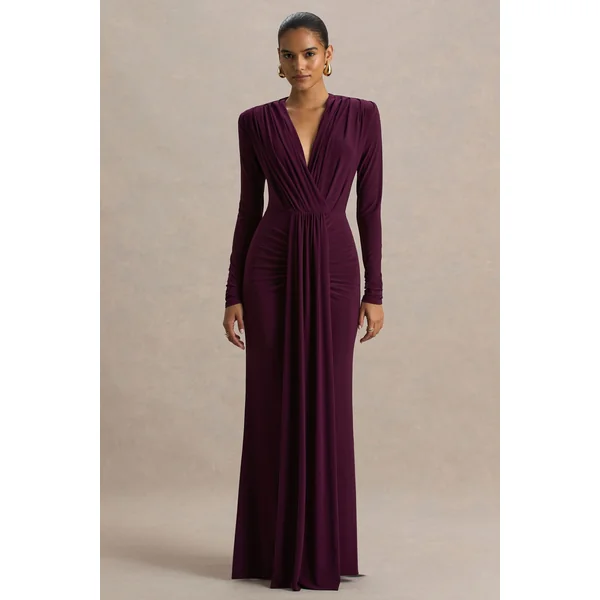 Flashy | Robe longue bordeaux à encolure plongeante avec détails froncés