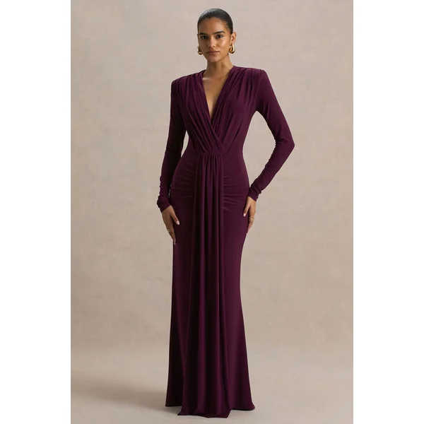 Flashy | Robe longue bordeaux à encolure plongeante avec détails froncés