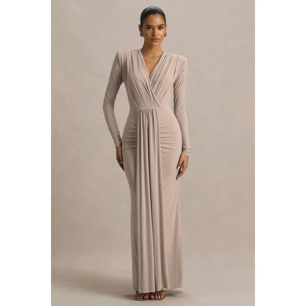 Flashy | Robe longue champagne à décolleté plongeant et détails froncés