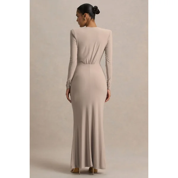 Flashy | Robe longue champagne à décolleté plongeant et détails froncés