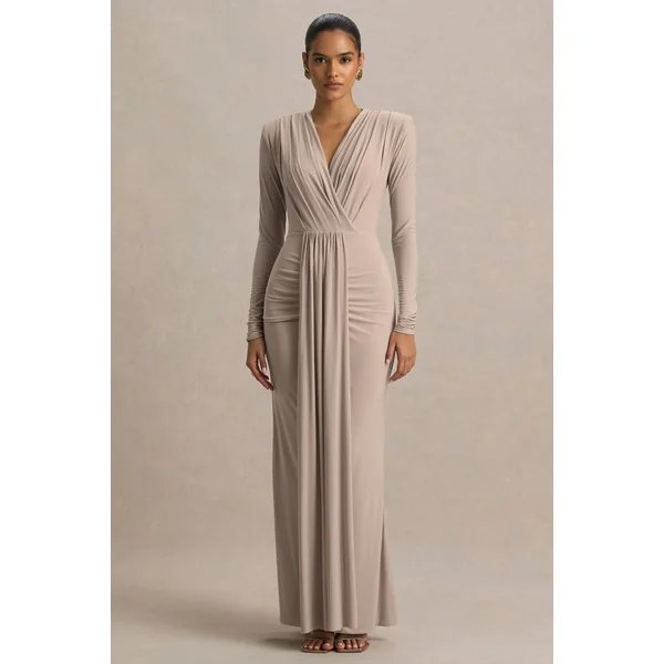 Flashy | Robe longue champagne à décolleté plongeant et détails froncés