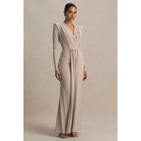 Flashy | Robe longue champagne à décolleté plongeant et détails froncés
