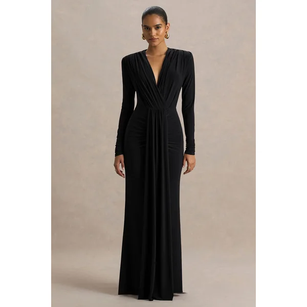 Flashy | Robe longue noire à décolleté plongeant avec détails froncés