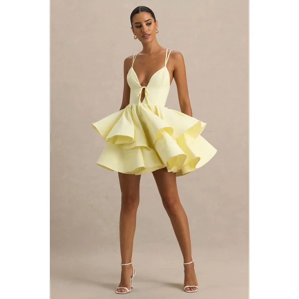 Flavia | Micro mini-robe patineuse à encolure plongeante citron avec volants