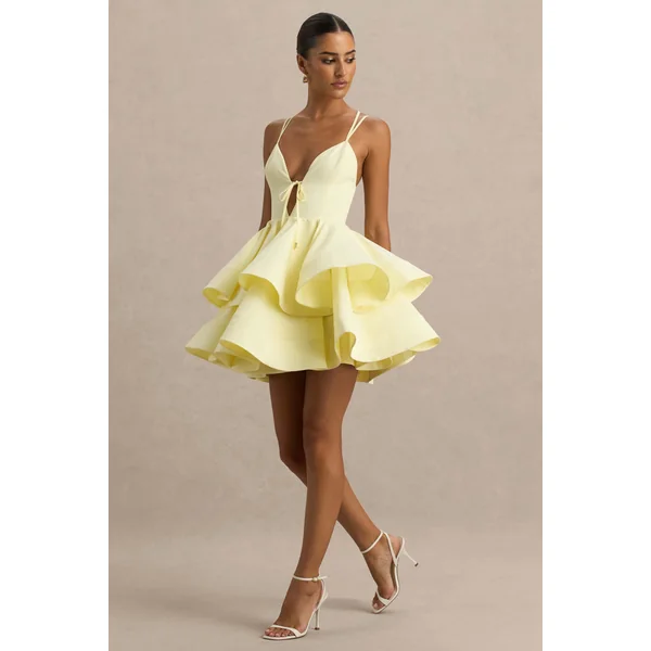 Flavia | Micro mini-robe patineuse à encolure plongeante citron avec volants