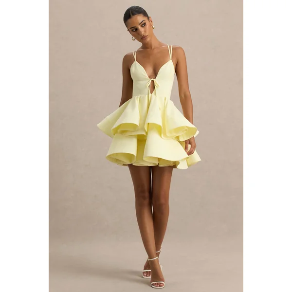 Flavia | Micro mini-robe patineuse à encolure plongeante citron avec volants