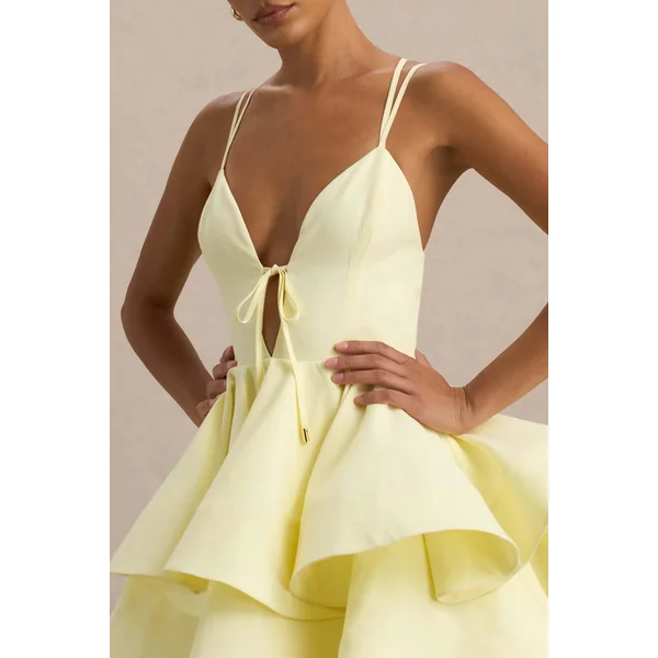 Flavia | Micro mini-robe patineuse à encolure plongeante citron avec volants