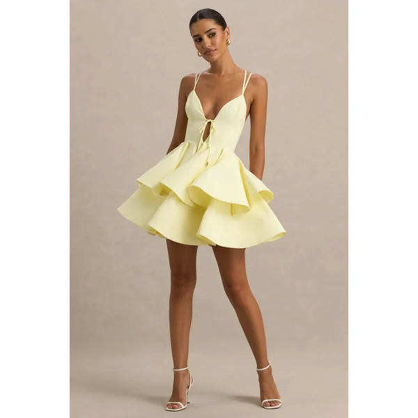 Flavia | Micro mini-robe patineuse à encolure plongeante citron avec volants