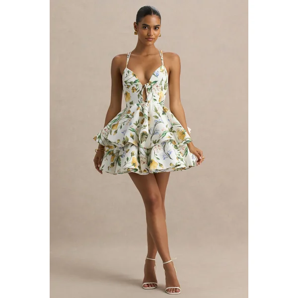 Flavia | Micro-mini-robe patineuse à imprimé floral citron décolleté plongeant et volants