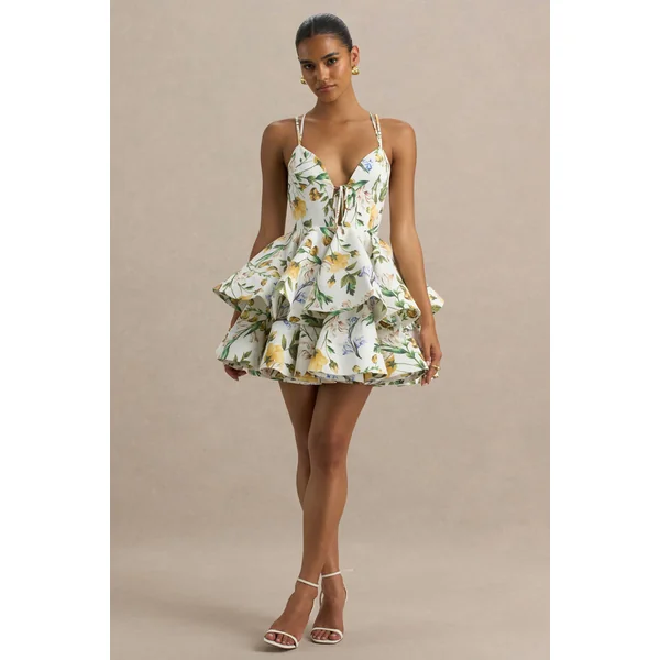 Flavia | Micro-mini-robe patineuse à imprimé floral citron décolleté plongeant et volants
