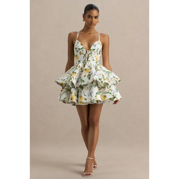 Flavia | Micro-mini-robe patineuse à imprimé floral citron décolleté plongeant et volants