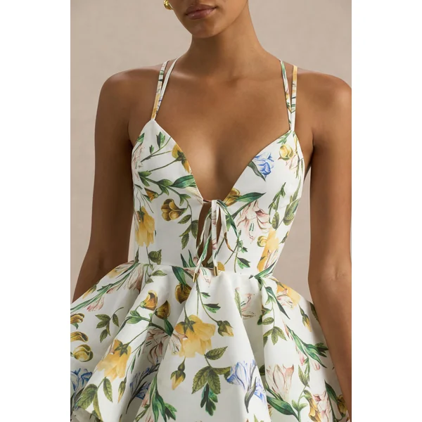 Flavia | Micro-mini-robe patineuse à imprimé floral citron décolleté plongeant et volants