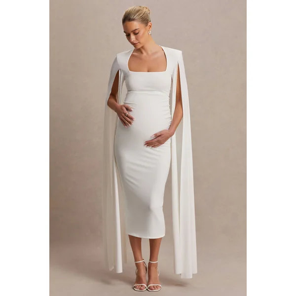 Flawless | Robe de maternité mi-longue blanche à décolleté carré et manches cape