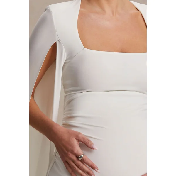 Flawless | Robe de maternité mi-longue blanche à décolleté carré et manches cape