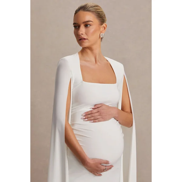 Flawless | Robe de maternité mi-longue blanche à décolleté carré et manches cape