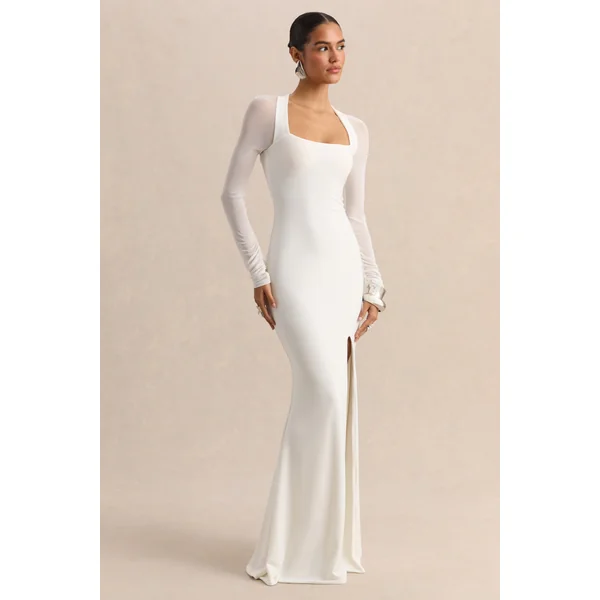 Fleurisia | Robe longue blanche à encolure carrée avec manches longues en mesh