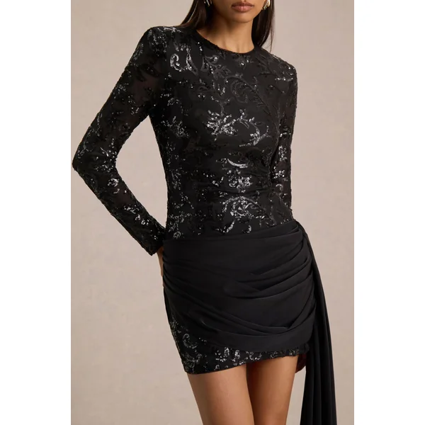 Florecita | Mini-robe noire en dentelle ornée et tissu léger à col montant avec détail ceinturé
