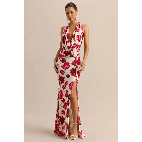 Flossie | Robe longue crème à imprimé floral rose et décolleté plongeant