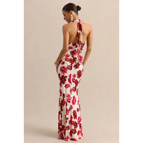 Flossie | Robe longue crème à imprimé floral rose et décolleté plongeant