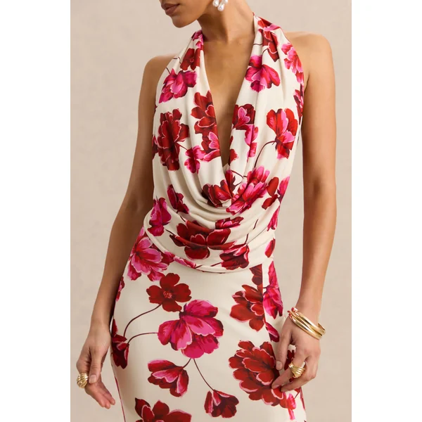 Flossie | Robe longue crème à imprimé floral rose et décolleté plongeant