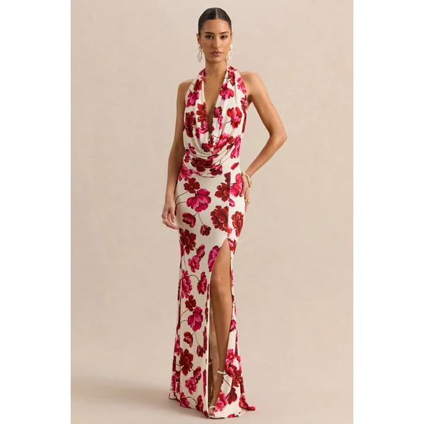 Flossie | Robe longue crème à imprimé floral rose et décolleté plongeant