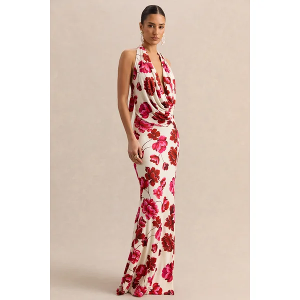 Flossie | Robe longue crème à imprimé floral rose et décolleté plongeant