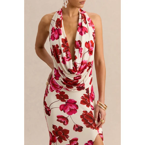 Flossie | Robe longue crème à imprimé floral rose et décolleté plongeant