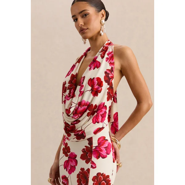 Flossie | Robe longue crème à imprimé floral rose et décolleté plongeant