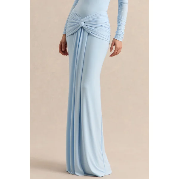 Flynne | Jupe longue portefeuille bleu avec ceinture sash